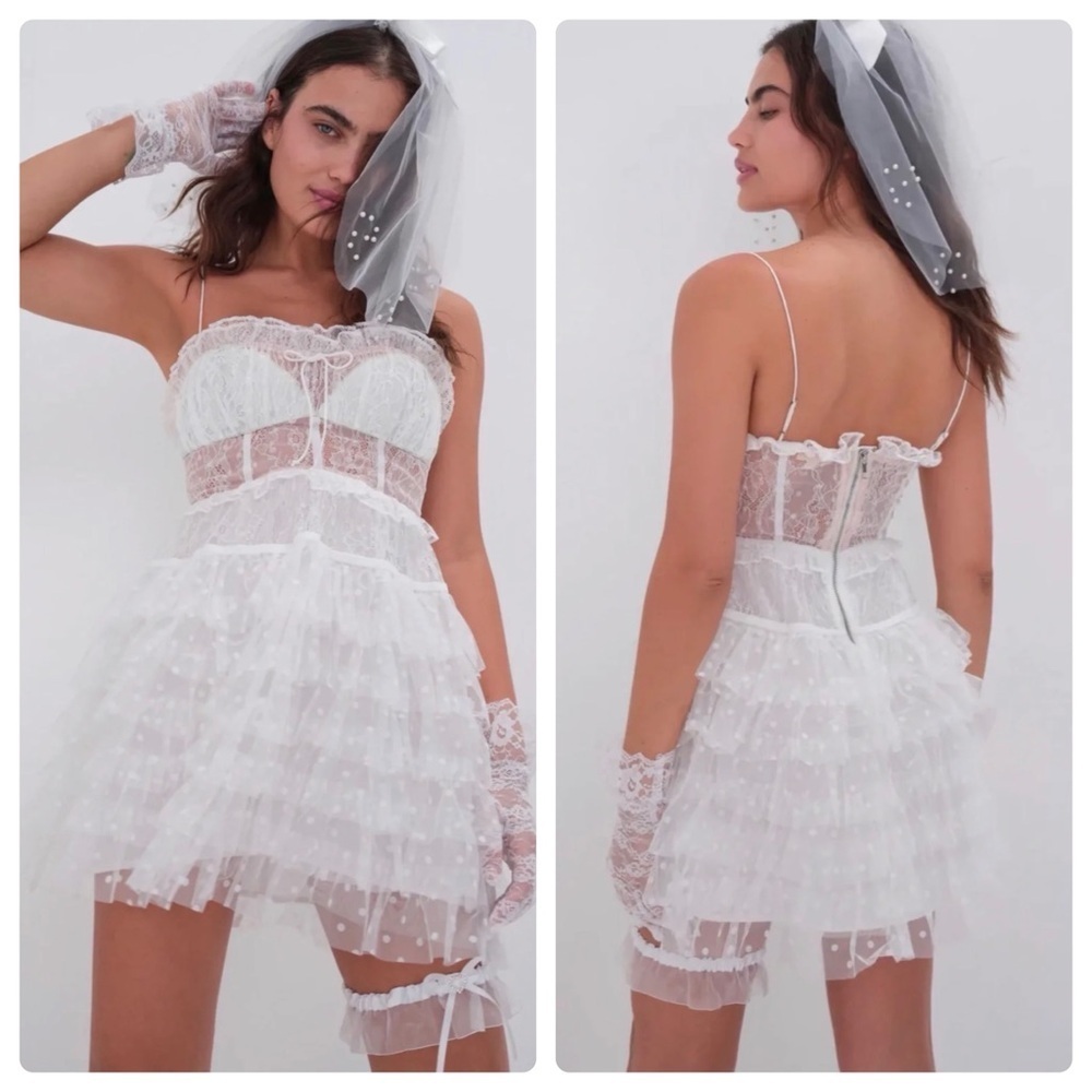 For Love & Lemons Coquette Ballet Romantic Jules Lacy Corset Mini Dress White L - Picture 2 of 16